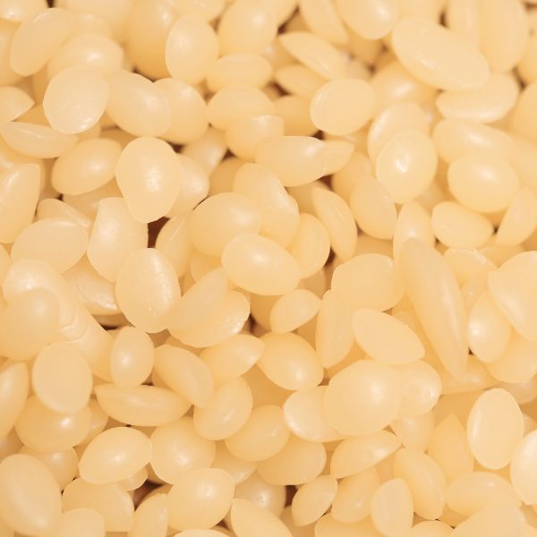 Close up of small yellow candelilla wax pellets