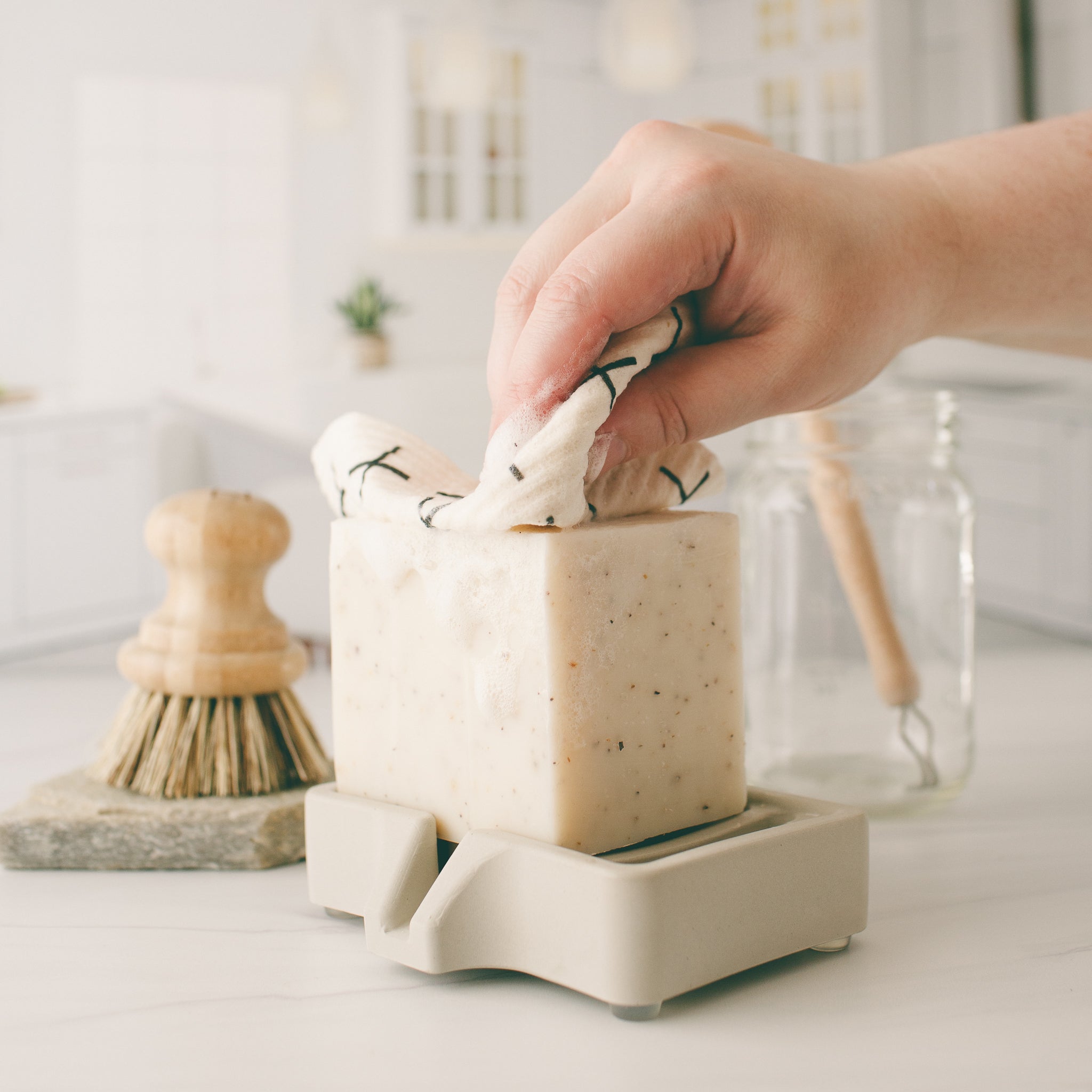 Using compostable Swedish Dishcloth with Solid Dish Soap