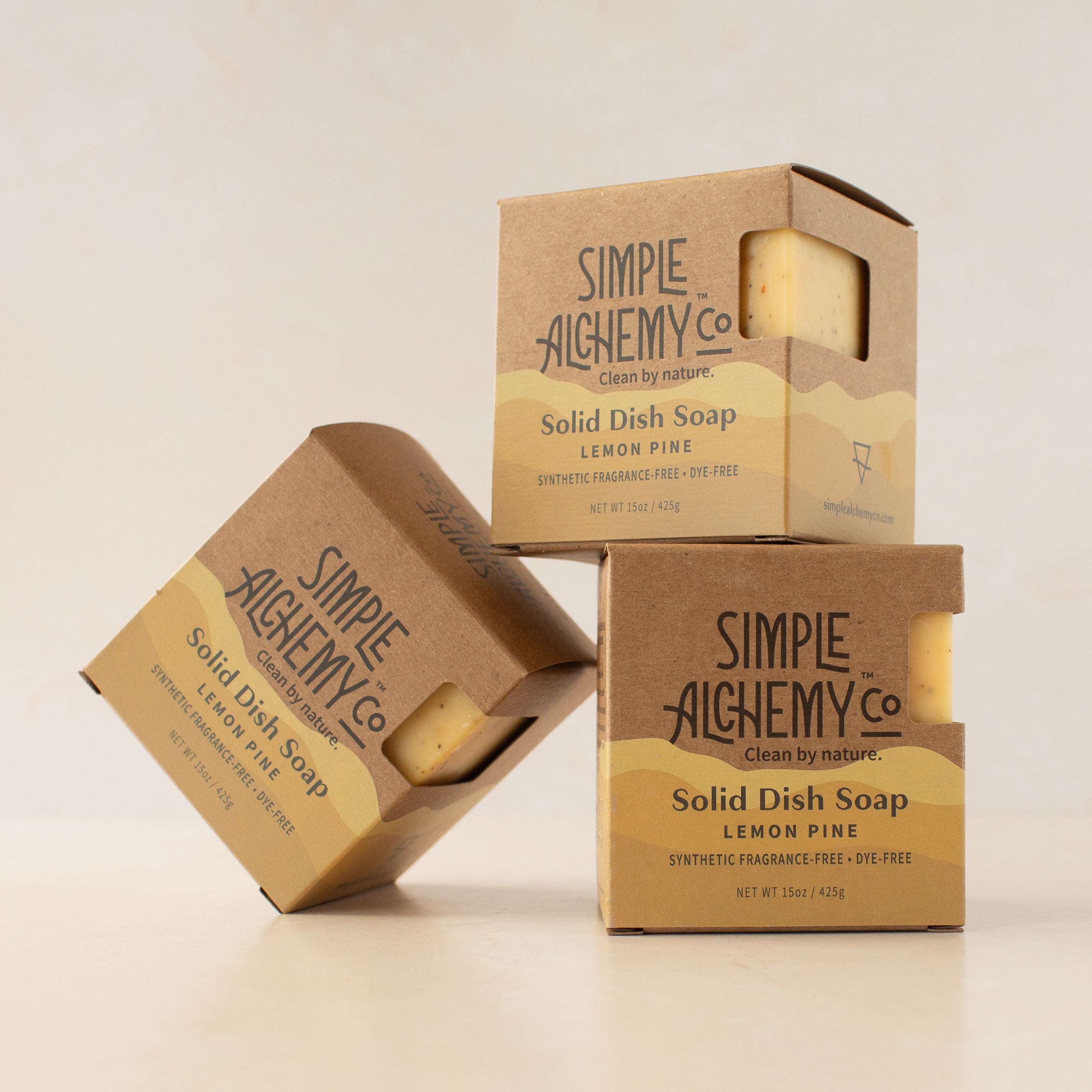 Three Lemon Pine Solid Dish Soap boxes on a creamy white background