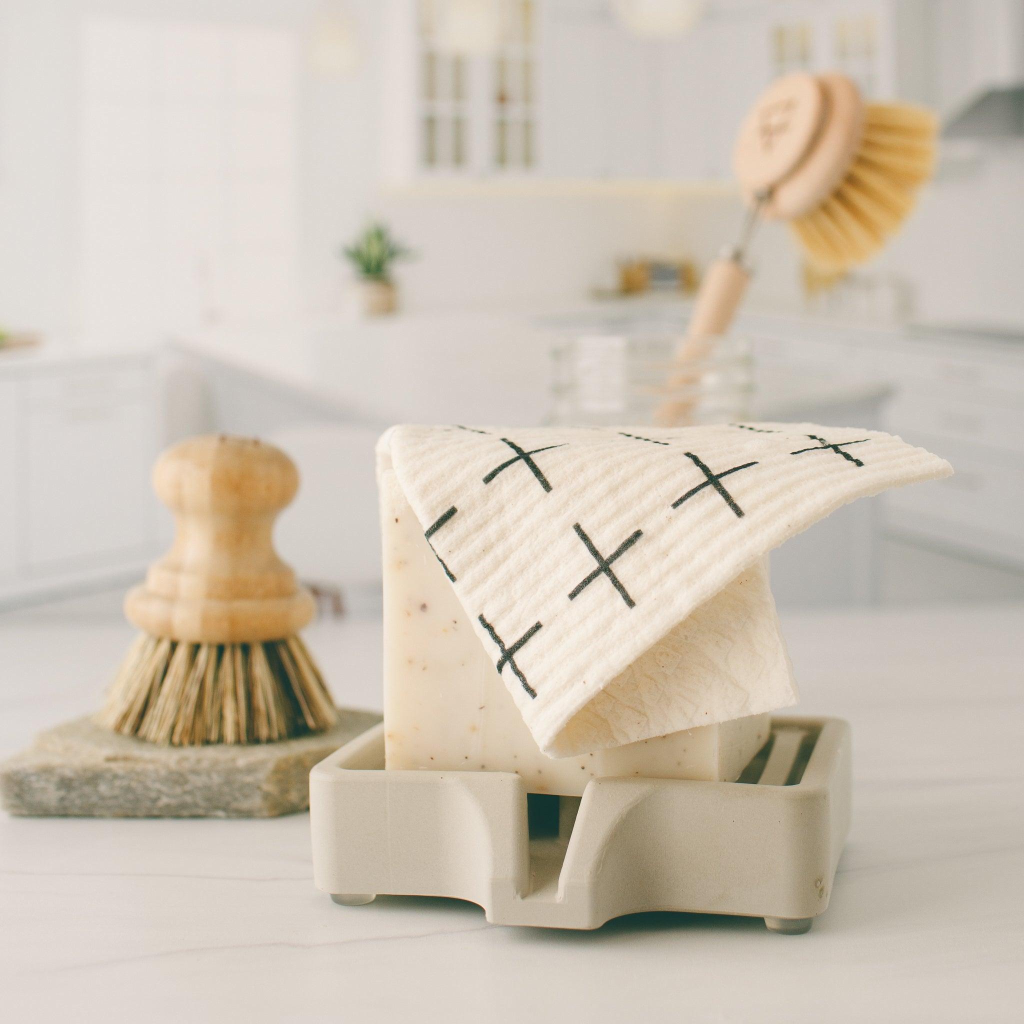 Sensory-friendly Swedish Dishcloth from Simple Alchemy Co, used with Solid Dish Soap.