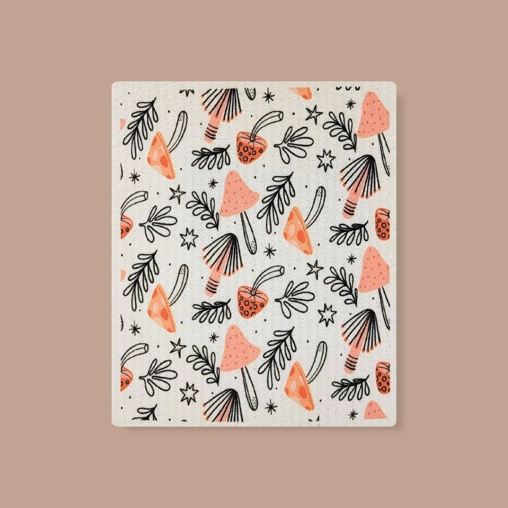 Eco-conscious Swedish dishcloth featuring mushrooms and black line work, strong and fast drying.