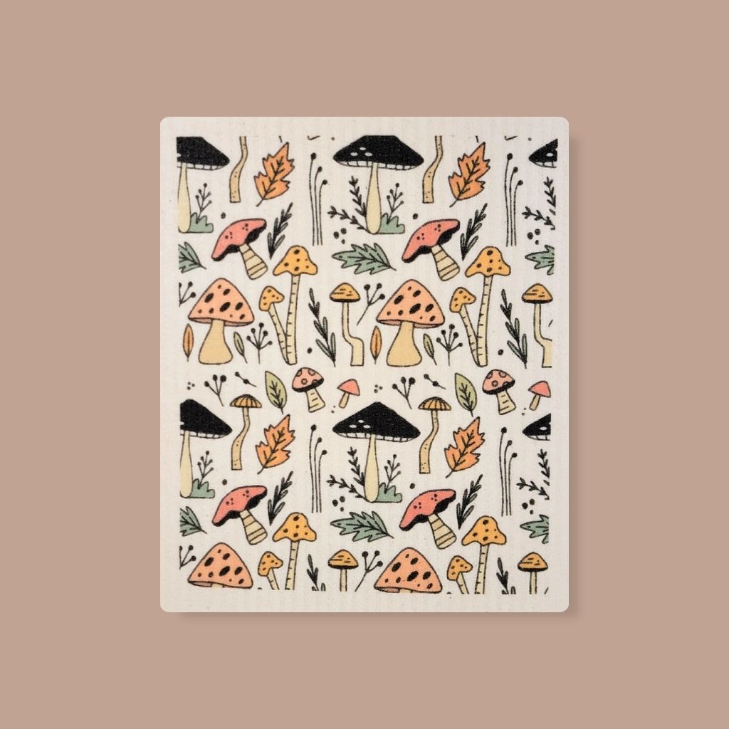 Plastic-free Swedish cleaning cloth with whimsical mushroom design, eco upgrade for your kitchen.