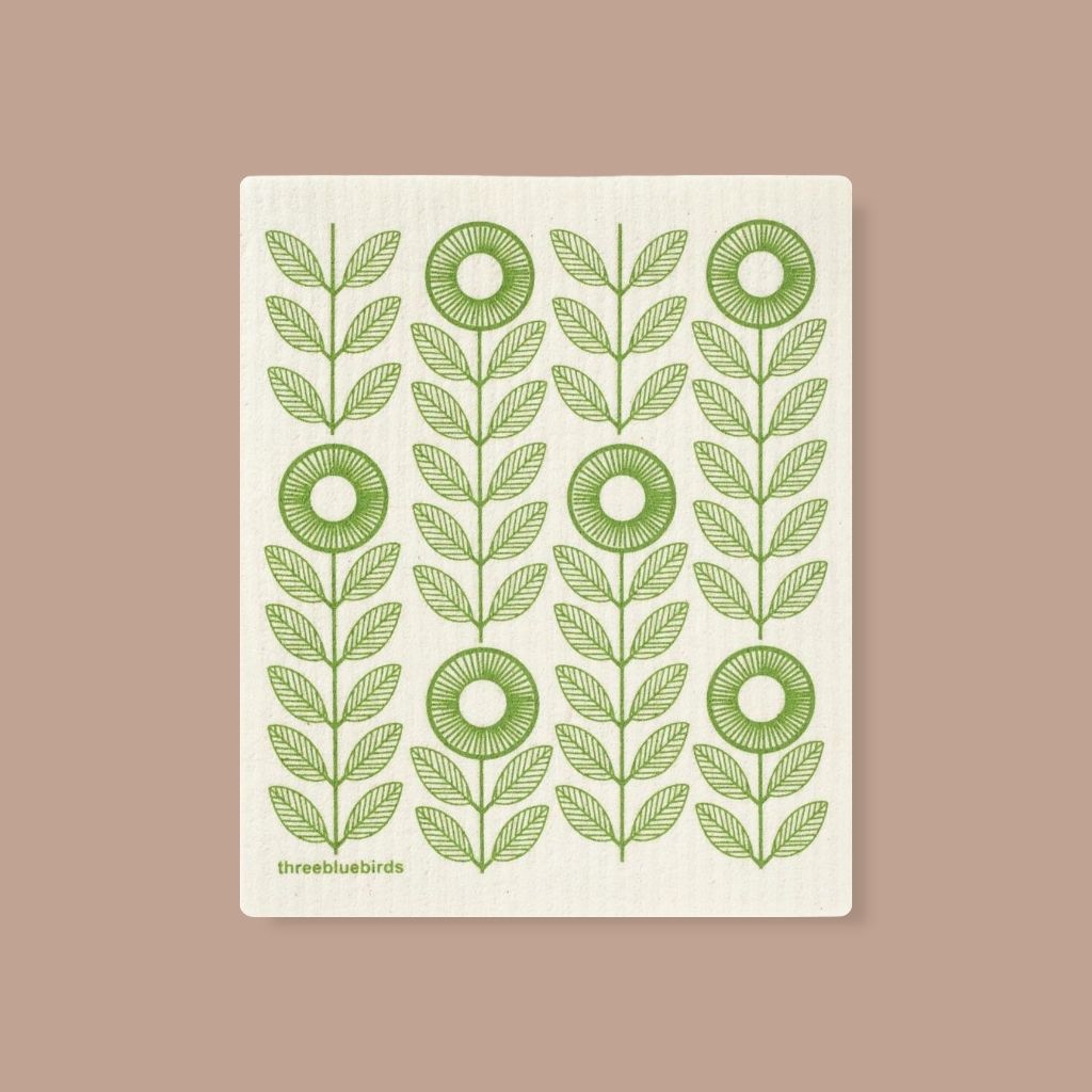 Eco-friendly Swedish dishcloth with green sunflowers design, stylish and functional.