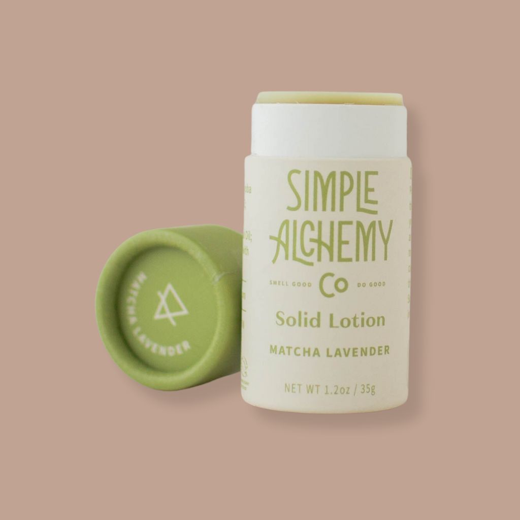 Simple Alchemy Co's Matcha Lavender scented Solid Lotion in a compostable plastic-free tube.