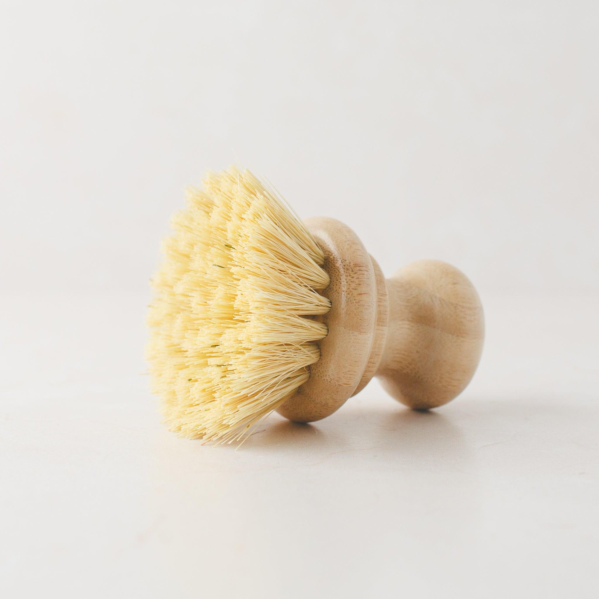 Sustainable kitchen cleaning brush made from biodegradable materials.