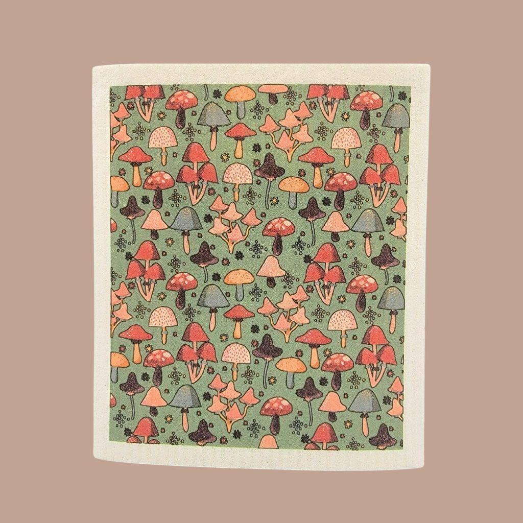 Zero waste Swedish dishcloth with fall mushroom pattern, ideal paper towel alternative.