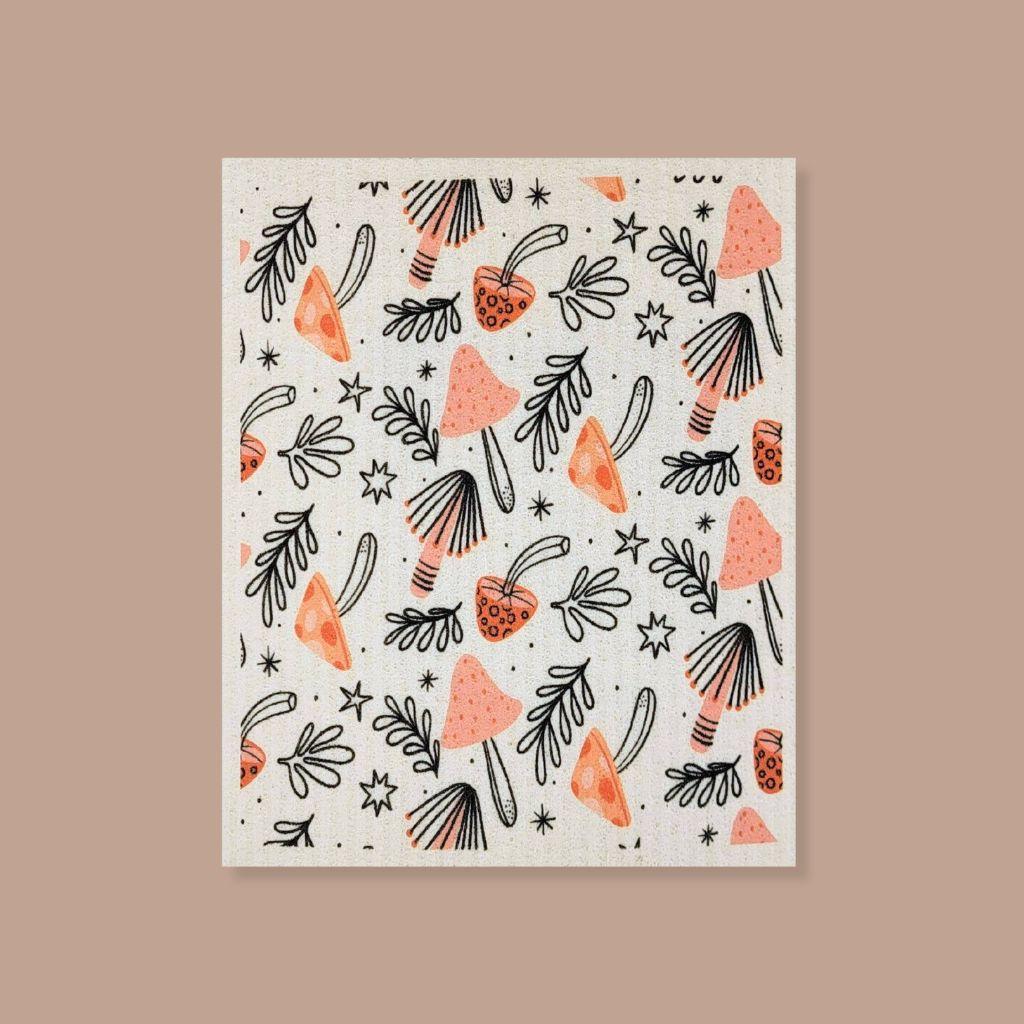 Eco-conscious Swedish dishcloth featuring mushrooms and black line work, strong and fast drying.