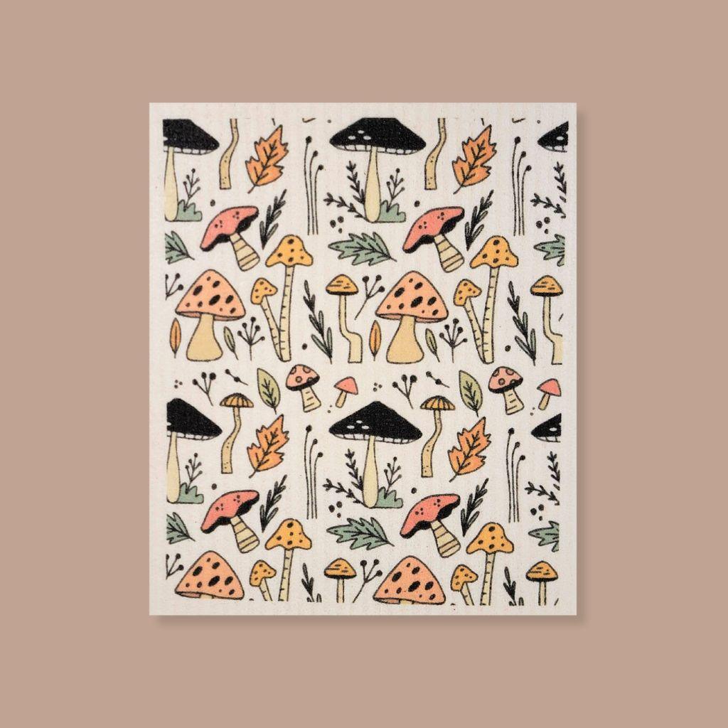 Plastic-free Swedish cleaning cloth with whimsical mushroom design, eco upgrade for your kitchen.