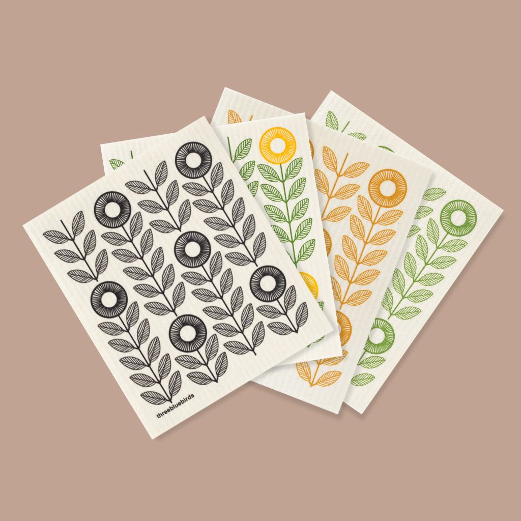 Reusable Swedish Dishcloths collection featuring all the color variations of the Sunflowers pattern.