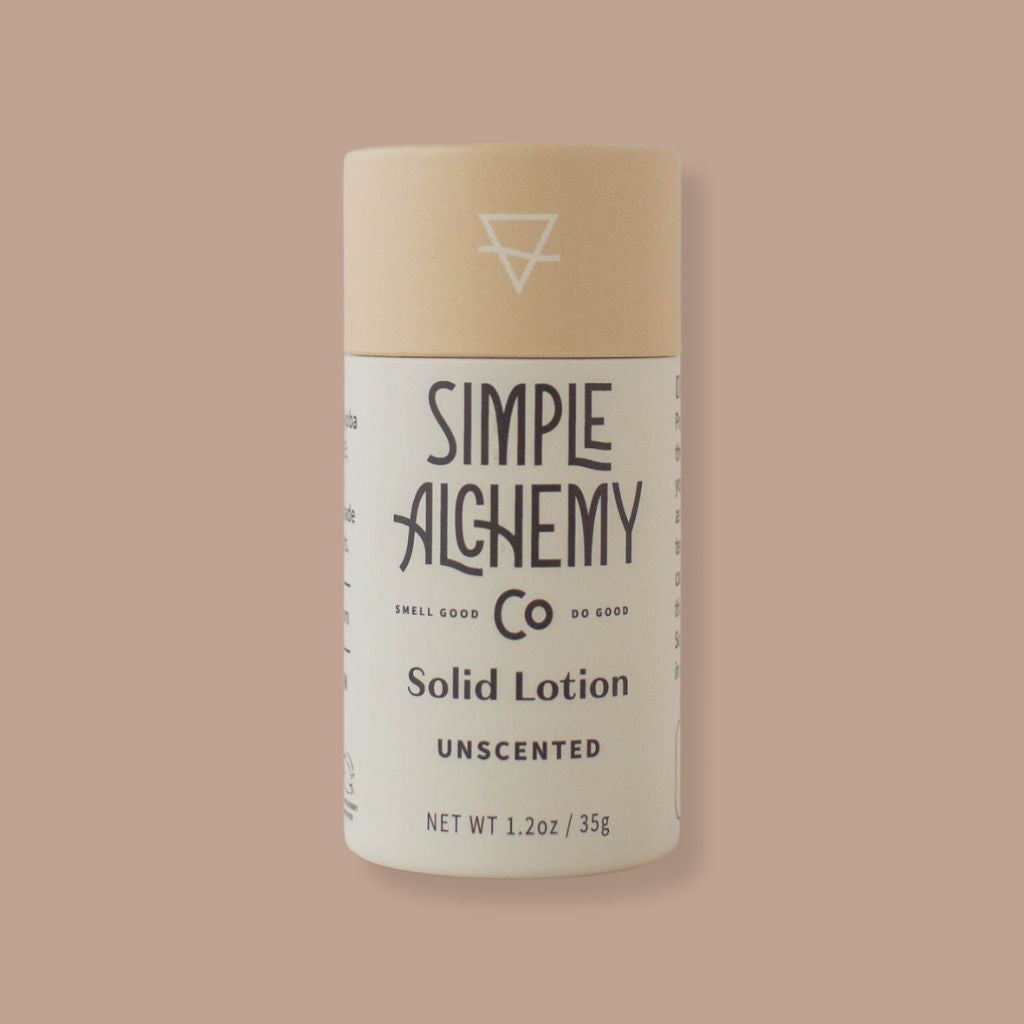 Unscented Solid Lotion, handmade by Simple Alchemy Co. Great for travel, and formulated for sensitive skin.