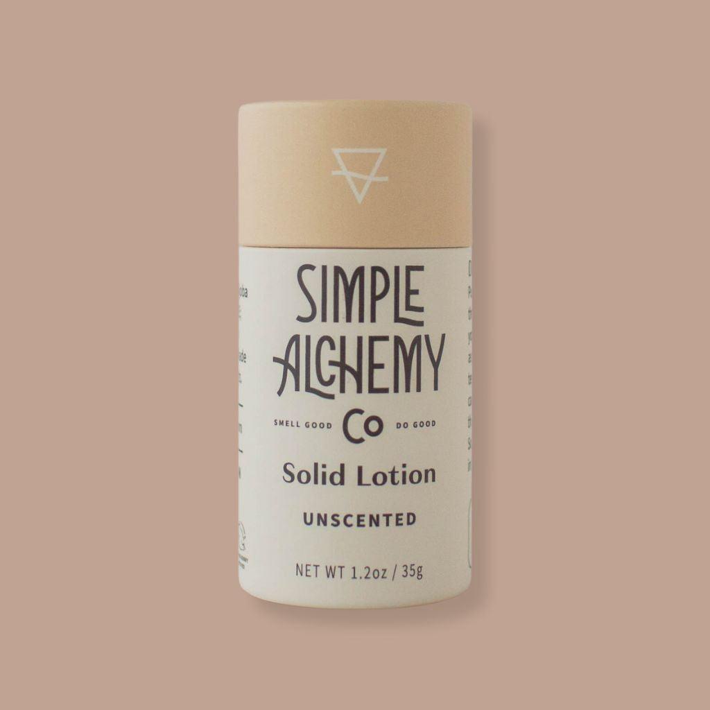 Unscented Solid Lotion, handmade by Simple Alchemy Co. Great for travel, and formulated for sensitive skin.