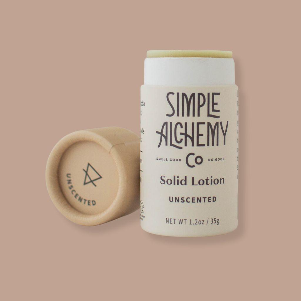Solid Lotion in compostable tube from Simple Alchemy Co. Fragrance-free and certified vegan and cruelty-free.