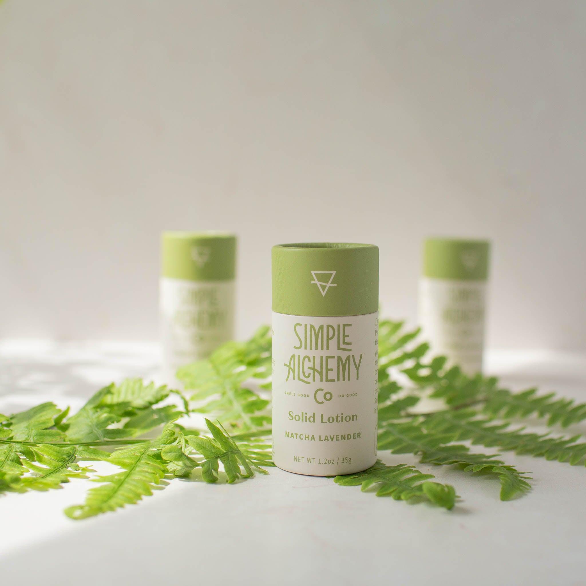 Green and cream compostable tube of Matcha Lavender Solid Lotion.