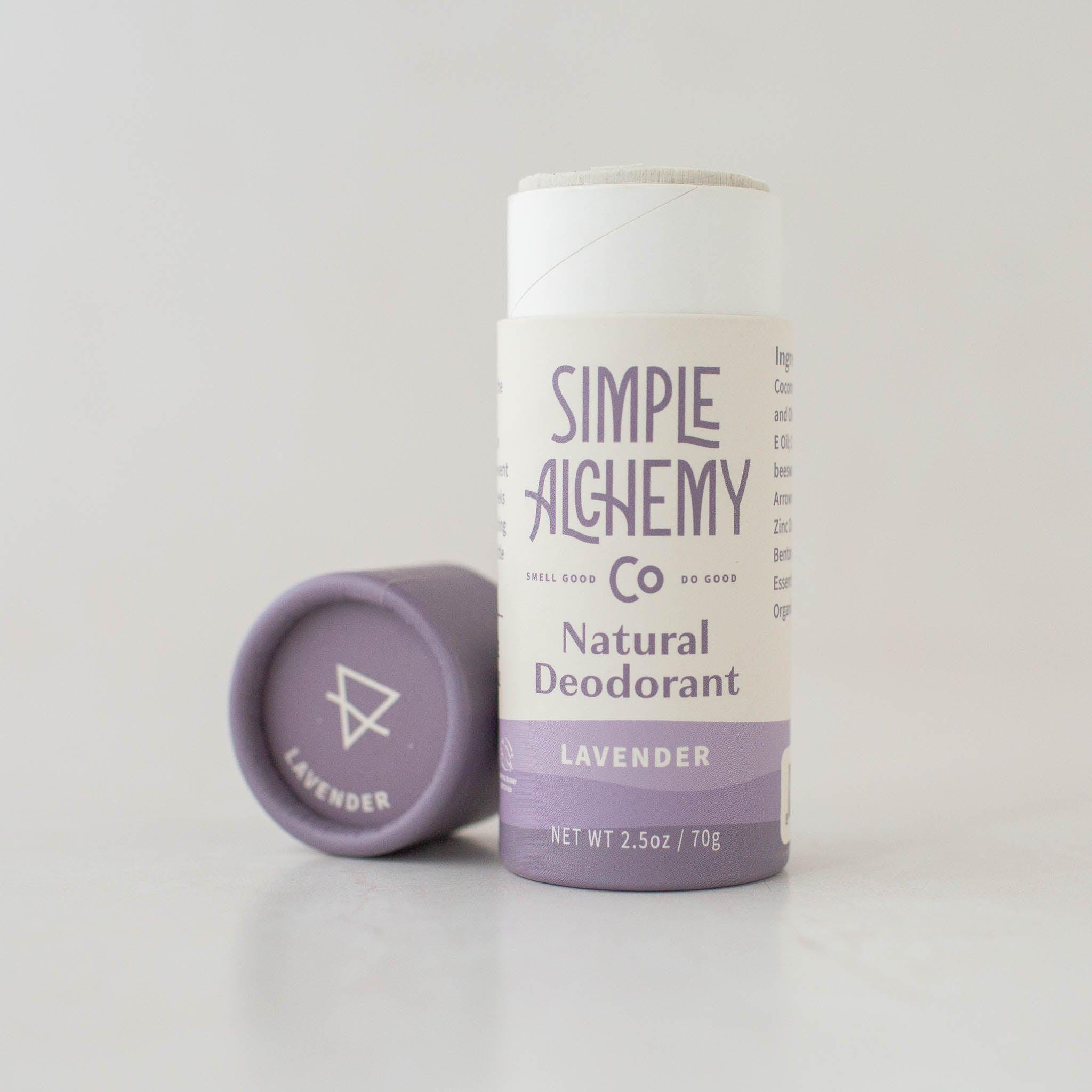 Cream and purple compostable tube of Lavender Natural Deodorant, with cap removed.