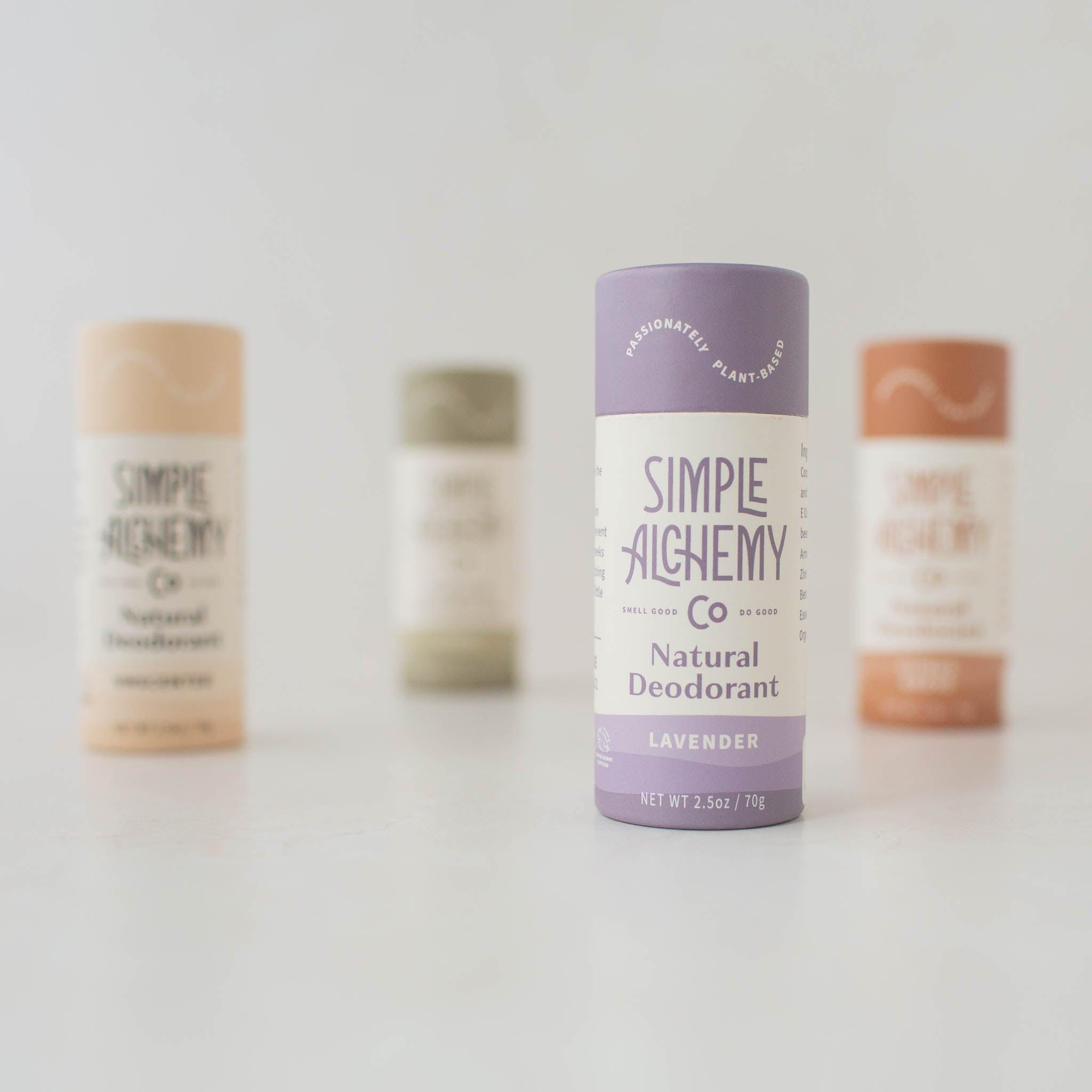 Four vegan plastic-free baking soda free compostable Natural Deodorants.